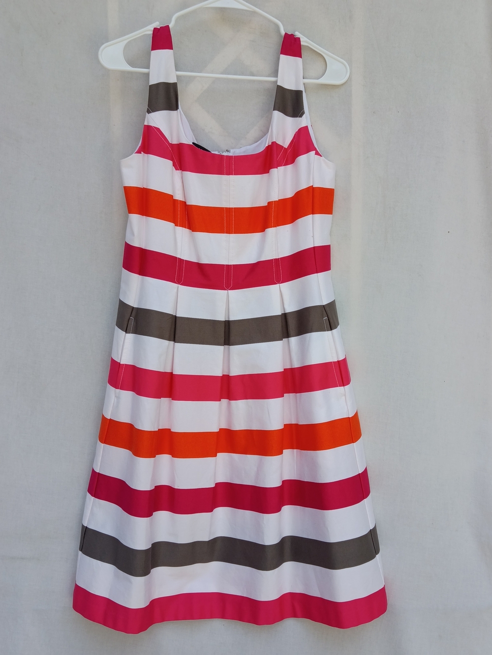 Nine West White, Pink, Orange Striped Summer Midi Dress Fit & Flare Md